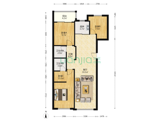 福地华苑 3室1厅2卫 107平方