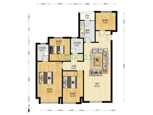 雍锦湾 4室1厅2卫 129平方