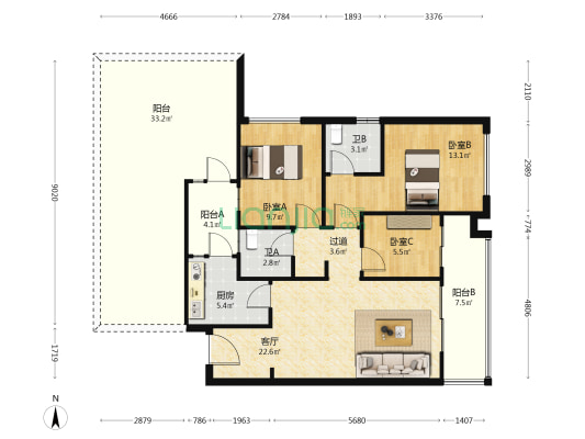 旭辉铂宸中央 3室1厅2卫 86平方
