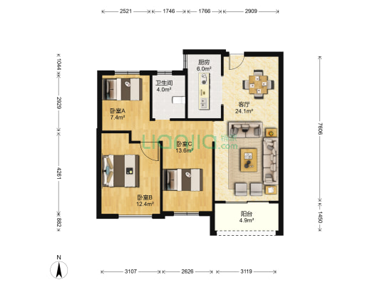 绿地滨湖城 3室1厅1卫 102平方