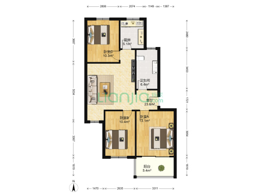 华盛园 3室1厅1卫 91平方