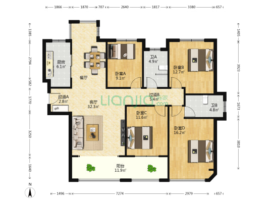 洪河富贵 4室1厅2卫 145平方