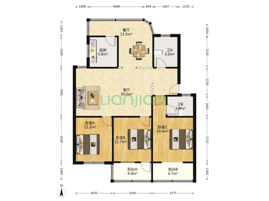华新小区 3室2厅2卫 125平方