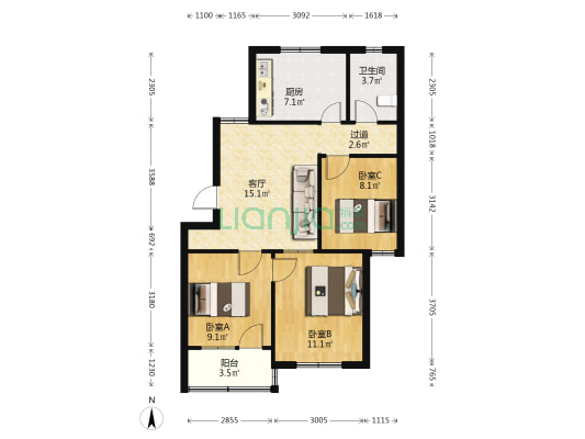 亚洲房地产宿舍 3室1厅1卫 80平方
