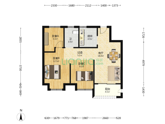 红豆香江华府 3室1厅1卫 87平方