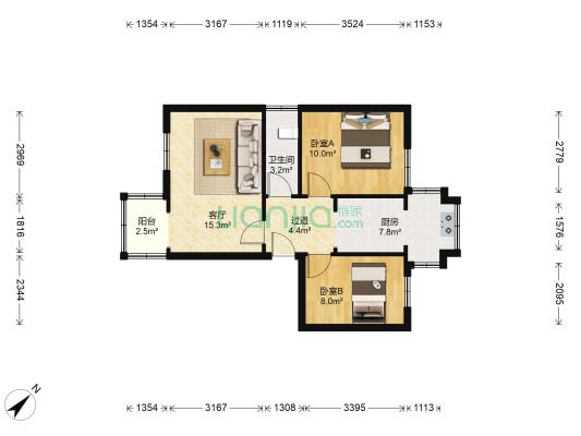 水碾河南路1号 2室1厅1卫 54平方