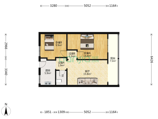 粮食大厦 2室1厅1卫 74平方