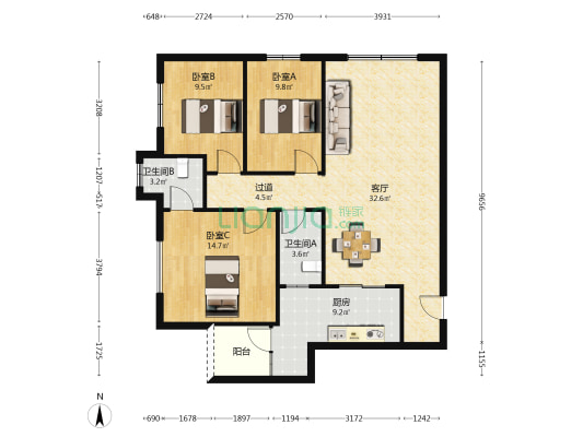文华豪庭 3室1厅2卫 106平方