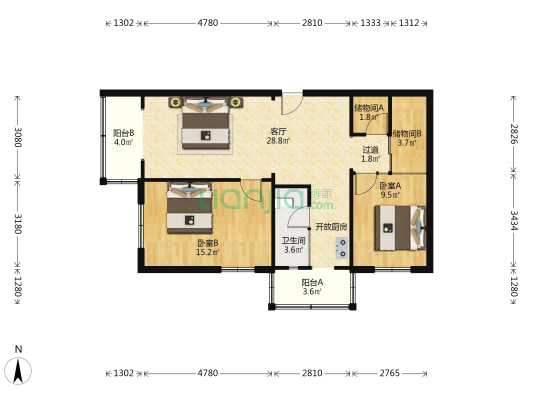 天泉东里 2室1厅1卫 88平方
