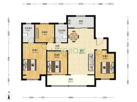 东方印北区 4室1厅2卫 129平方