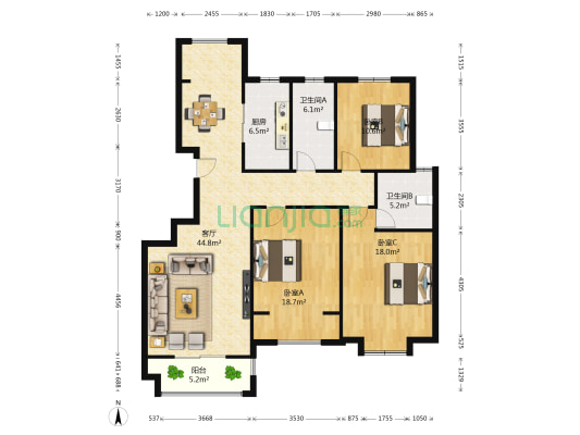 宏基阳光尚城 3室1厅2卫 143平方
