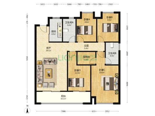 仁恒城市星光雅苑 4室1厅2卫 143平方