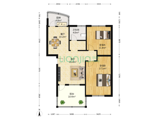 东方明珠 2室2厅1卫 80平方