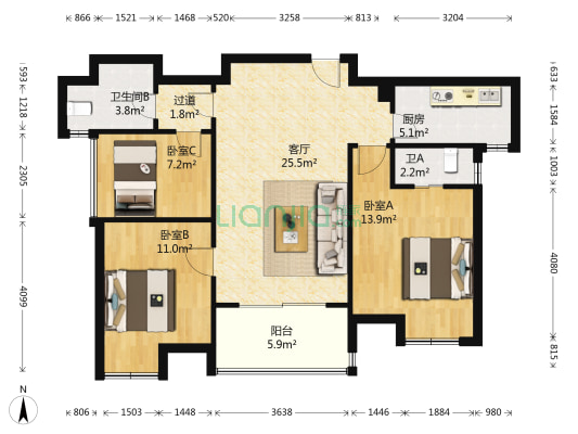 乐客国际公寓 3室1厅2卫 97平方
