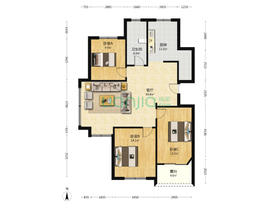 博文苑 3室1厅1卫 105平方