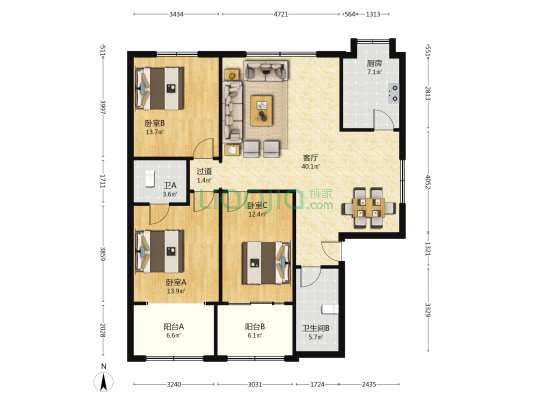 凤凰山庄 3室1厅2卫 134平方