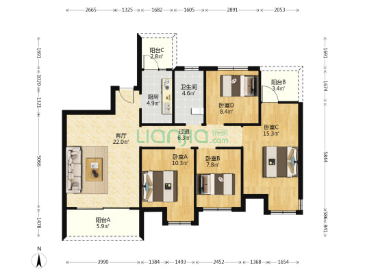 空港云尚 4室1厅1卫 112平方