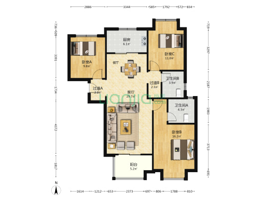 天汇龙城龙华苑 3室1厅2卫 122平方