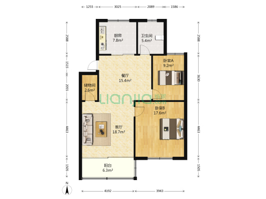 天朝华都 2室2厅1卫 94平方
