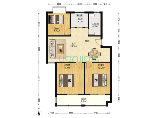 东方丽景 3室1厅1卫 105平方