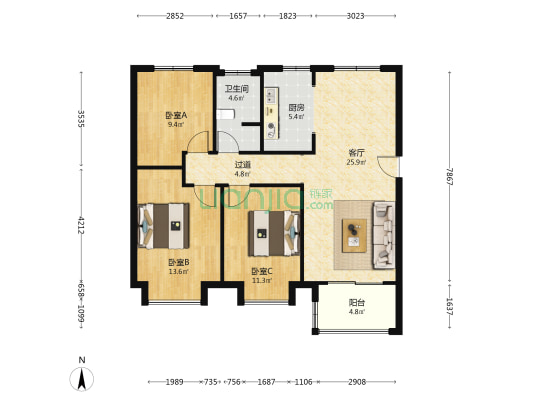 双兴河畔家园B区 3室1厅1卫 113平方