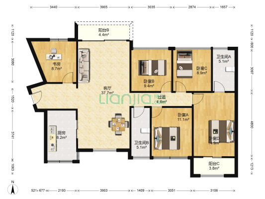 星河丹堤G区 5室1厅2卫 124平方