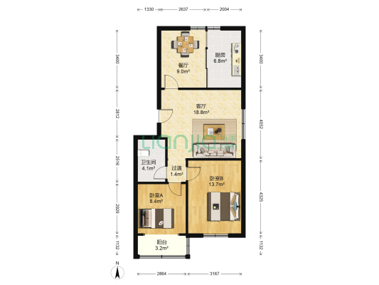 汇祥花园东区 2室2厅1卫 84平方