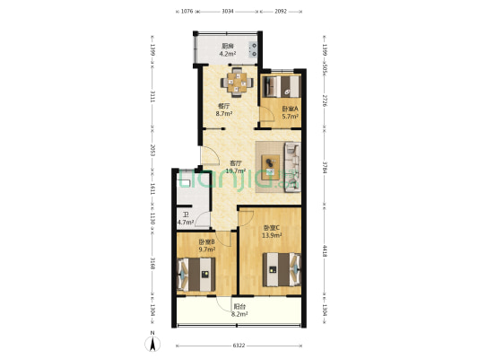 丝绸公司宿舍（贤德苑北） 3室2厅1卫 82平方
