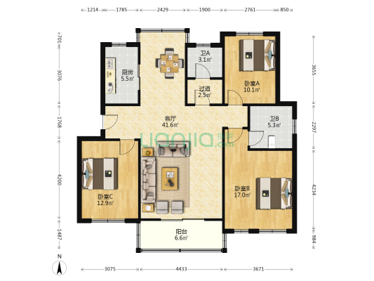 锦泉西苑 3室1厅2卫 127平方