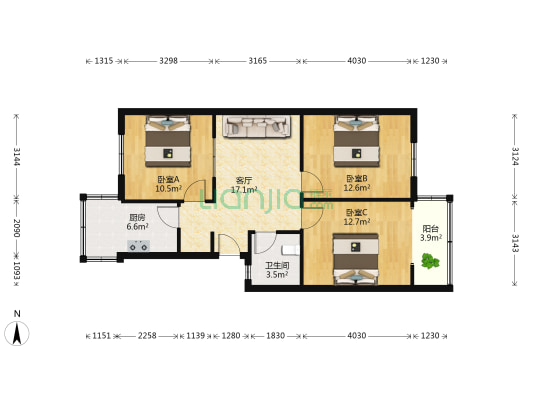 姚公新村 3室1厅1卫 83平方