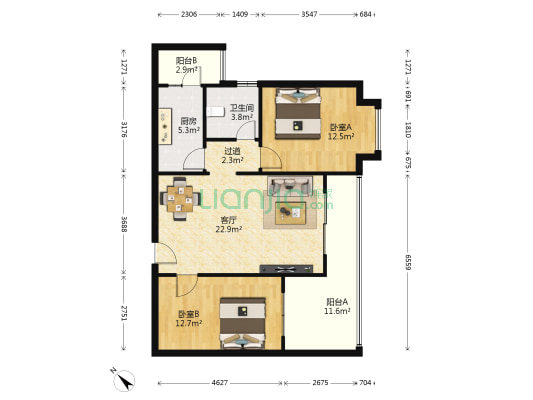 格林大道 2室1厅1卫 88平方
