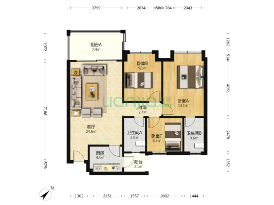 骏景嘉苑 3室1厅2卫 91平方