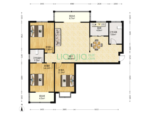 龙苑逸居 3室1厅2卫 138平方