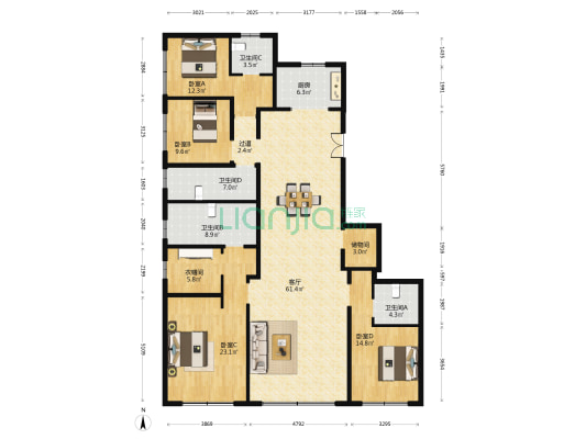 壹亮马 4室1厅4卫 219平方
