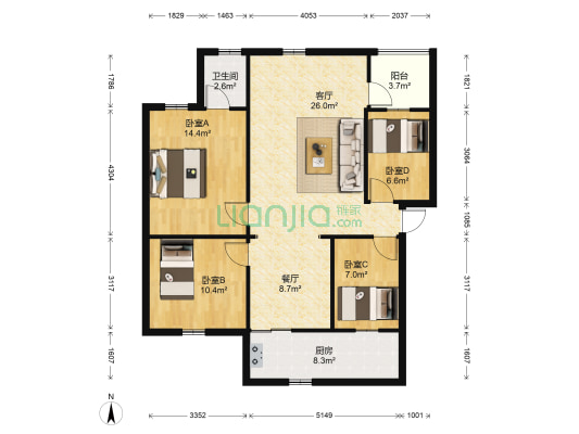 中国银行云南省分行宿舍 4室2厅1卫 90平方