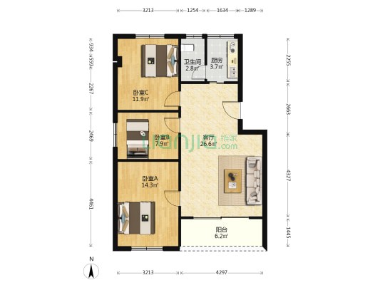 周园路 3室1厅1卫 90平方