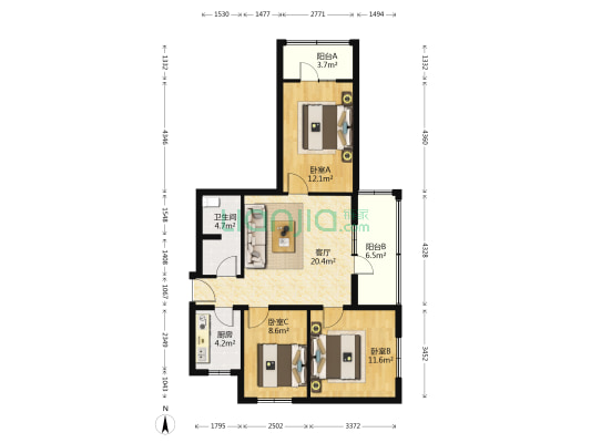 石景山路23号院 3室1厅1卫 91平方