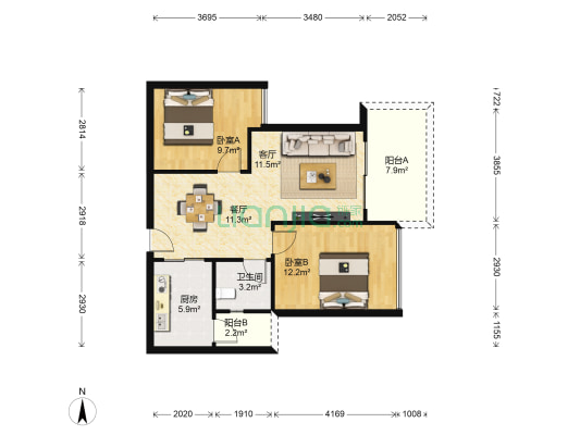 鑫海国际公寓 2室2厅1卫 75平方
