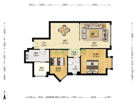 上东尚城 2室2厅1卫 100平方