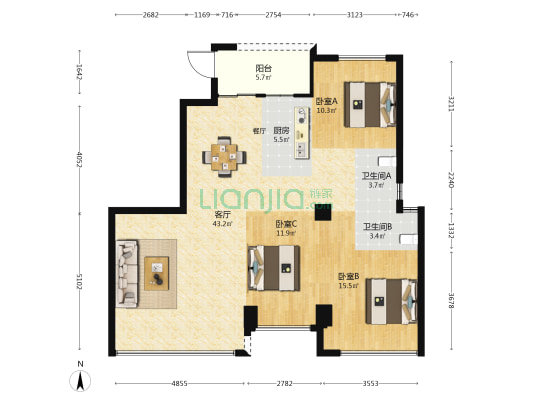 龙江福邸 3室1厅2卫 114平方