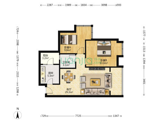 学府星兰 2室1厅1卫 77平方