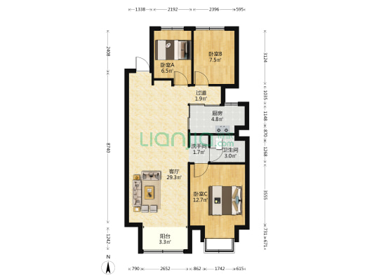 地铁万科星空 3室1厅2卫 101平方