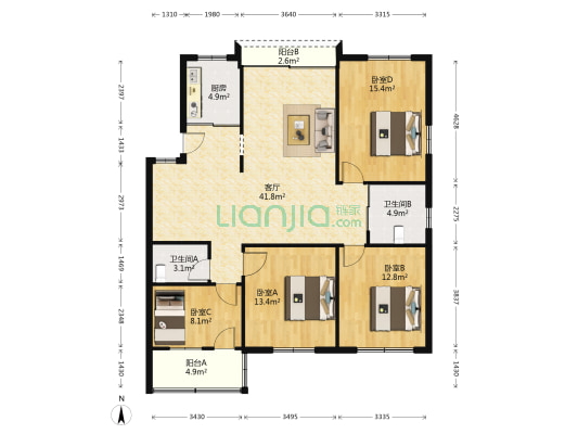 水心住宅区盛组团 4室1厅2卫 129平方