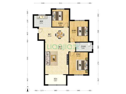 中德公园城 3室2厅1卫 132平方