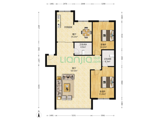 春江花园 2室2厅2卫 130平方