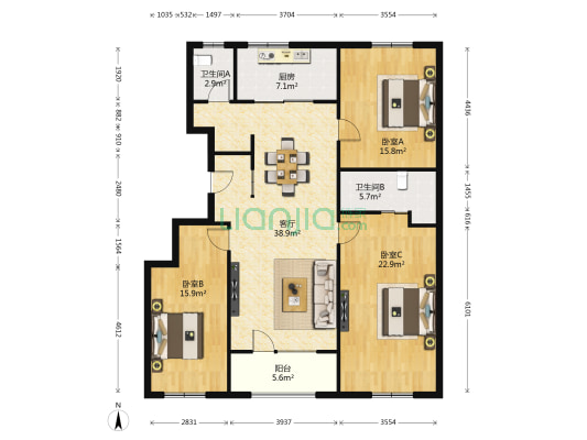 朗诗未来之家B区 3室1厅2卫 133平方