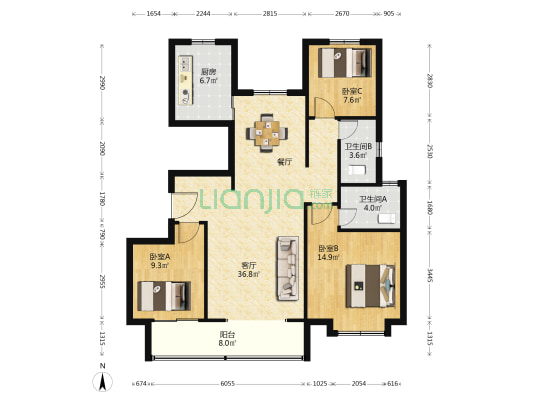 中海枫丹公馆 3室1厅2卫 131平方