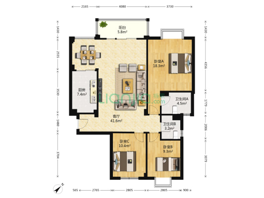 依云 3室1厅2卫 132平方