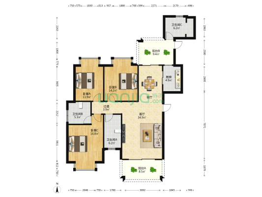 三弦慧府一期 3室1厅3卫 162平方