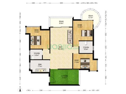 汇翠山庄水晶园 3室1厅2卫 135平方